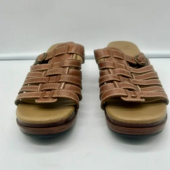 Dansko Marion Wedge Sandal Shoe Women 40 9.5-10 Brown Buckle Strappy Leather - Picture 3 of 11